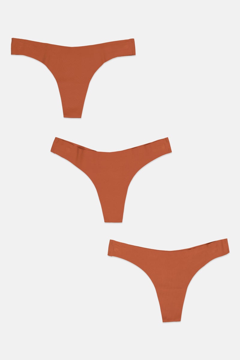 bebe Women 3 Piece Plain Thong, Brown  - Image 1