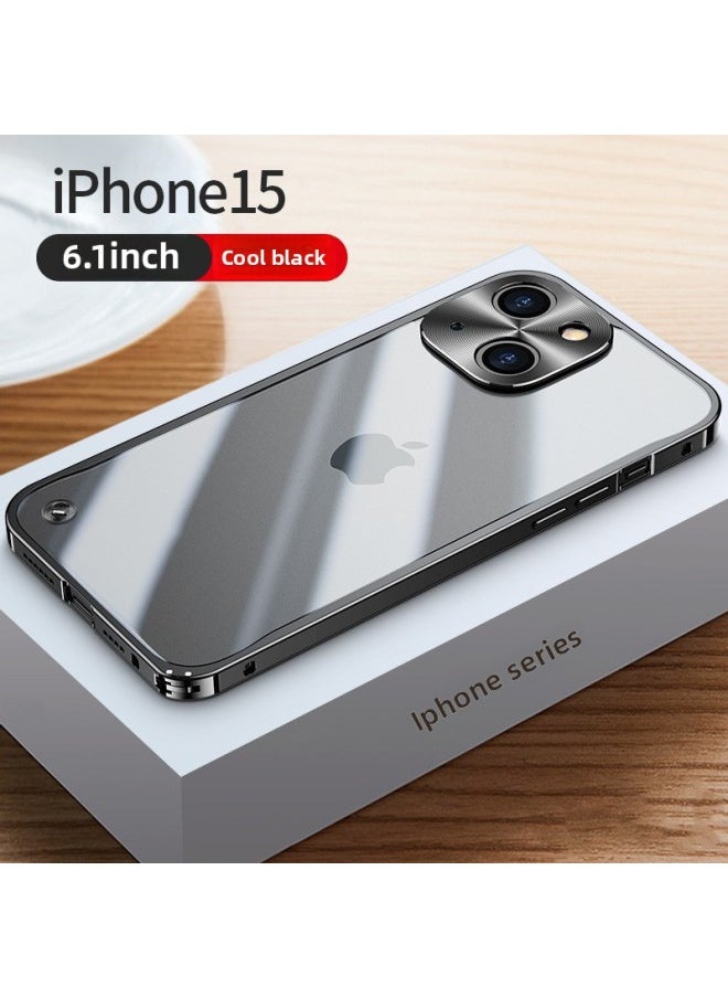 Mobile Phone Case For Iphone 14 For Iphone12promax Metal Frame 13 Transparent 11 Frosted Back Cover-Color:Spring Buckle [cool Black] Translucent Frosted Back Plate-Applicable Model:For Iphone 15 Plus