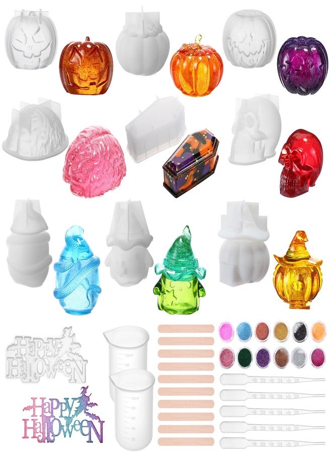 Vesici 39 Pcs 3D Halloween Silicone Resin Mold Kit Include 10 Spooky Molds with Pumpkin Skull Ghost Coffin 2 Measuring Cups 10 Stir Sticks 5 Droppers 12 Glitter Tools for DIY Candles Soaps Crafts - Image 1