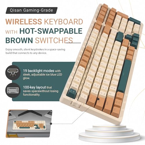 Qisan Wireless/Wired Mechanical Keyboard, Triple Mode 2.4G/USB-C/BT Wireless Gaming Keyboard, 100 Keys (98%) US Layout Brown Switch Rechargeable RGB Backlit Keyboards | Brown Combo - Image 2