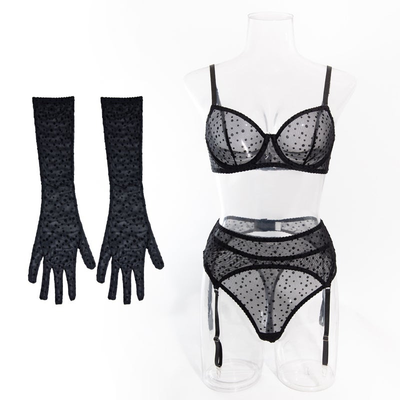 Lingerie New Products With Gloves Black Mesh Flocking Stitching Lace Design Suit - Image 1