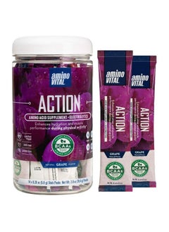 Action Bcaa Amino Acids Pre Workout Packets With Electrolytes For Energy ; No Caffeine Keto Vegan Supplement ; 14 Single Serve ; Grape
