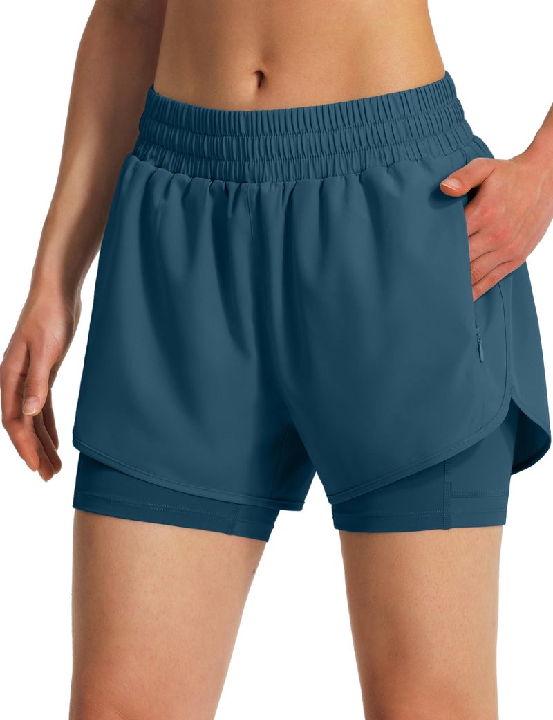 Ksmien Women's 2 in 1 Running Shorts Quick Dry Athletic Gym Workout Shorts with Liner Phone Pockets Dusty Blue - Image 2