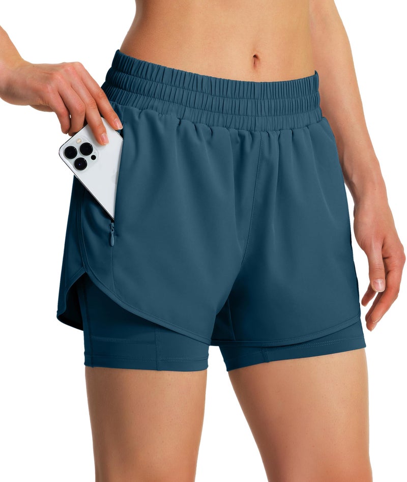 Ksmien Women's 2 in 1 Running Shorts Quick Dry Athletic Gym Workout Shorts with Liner Phone Pockets Dusty Blue - Image 1