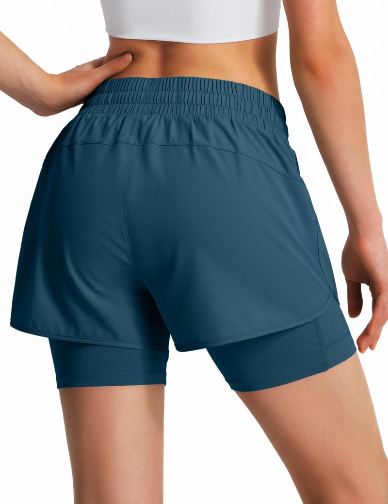 Ksmien Women's 2 in 1 Running Shorts Quick Dry Athletic Gym Workout Shorts with Liner Phone Pockets Dusty Blue - Image 4