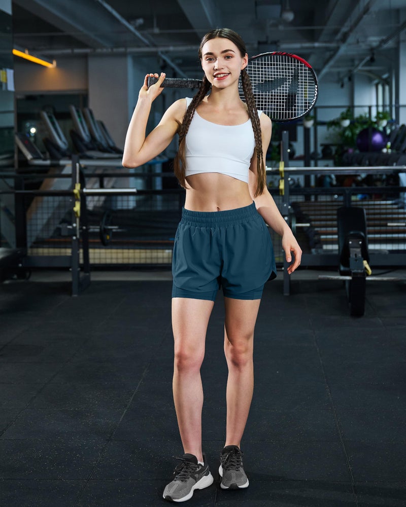 Ksmien Women's 2 in 1 Running Shorts Quick Dry Athletic Gym Workout Shorts with Liner Phone Pockets Dusty Blue - Image 3