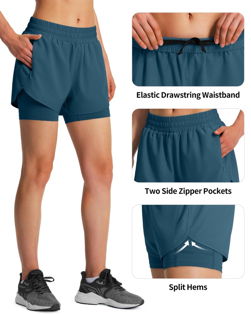 Ksmien Women's 2 in 1 Running Shorts Quick Dry Athletic Gym Workout Shorts with Liner Phone Pockets Dusty Blue - Image 5