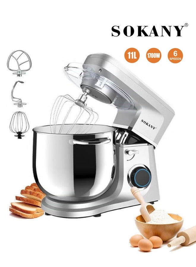 سوكاني خلاط كهربائي قائم، خلاط طعام كهربائي للمطبخ بست سرعات مع وعاء من الفولاذ المقاوم للصدأ سعة 11 لتر، خطاف عجين، خفاقة سلكية ومضرب، لمعظم طهاة المنازل، SK-269، 1700 وات، فضي - Image 1