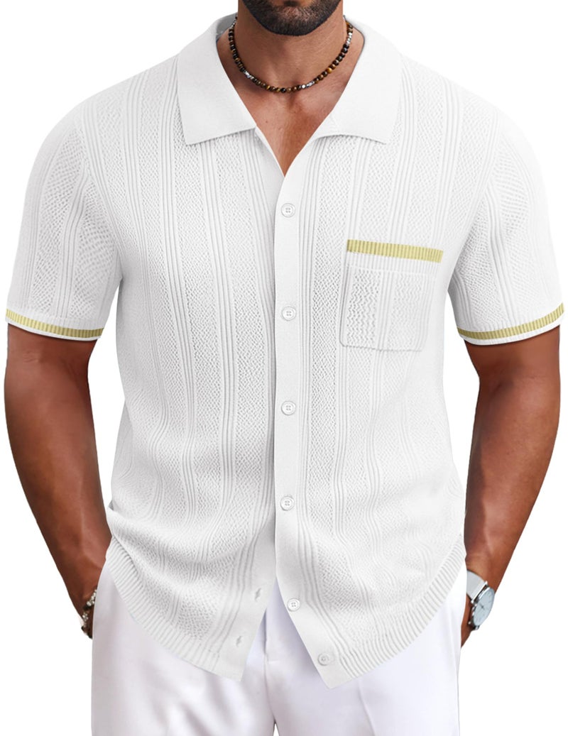 COOFANDY Men Knit Polo Shirts Short Sleeve 2025 Summer Casual Button Up Shirt White - Image 1