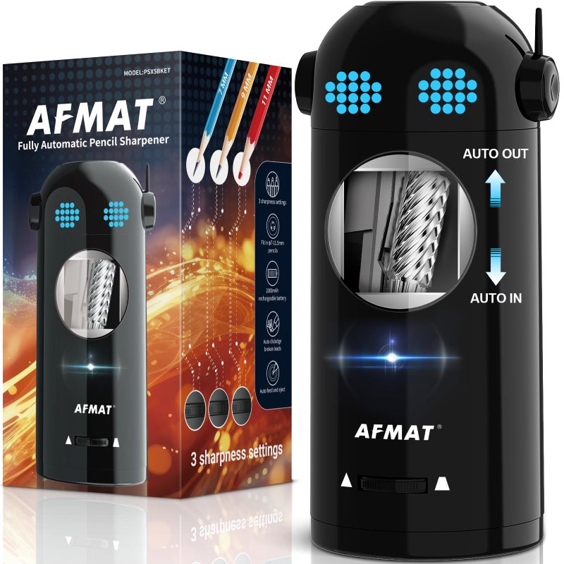 AFMAT Electric Robot Pencil Sharpener for Colored Pencils 7115mm Auto In Out Fully Automatic Rechargeable HandsFree for Home Classroom Black