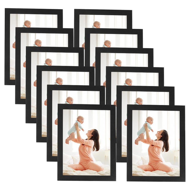 CRUGLA 5x7 Magnetic Picture Frames for Refrigerator 12 Packs  Modified Magnetic Sheet with Self Adhesive Backing  Black 5 by 7 Magnetic Photo Frame Set for Glass Window Door Cubicle