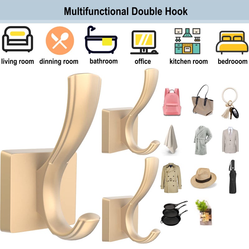 Tofiigrem Gold Hooks For Wall Double Hooks  Heavy Duty Thick Aluminum Alloy Entry Coat Hooks For Hanging Key Robe Hat Backpack  Wall Mount Hooks Bathroom Kitchen Garage Hooks(4 Pack  Gold) - Image 3