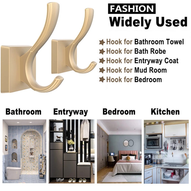 Tofiigrem Gold Hooks For Wall Double Hooks  Heavy Duty Thick Aluminum Alloy Entry Coat Hooks For Hanging Key Robe Hat Backpack  Wall Mount Hooks Bathroom Kitchen Garage Hooks(4 Pack  Gold) - Image 2