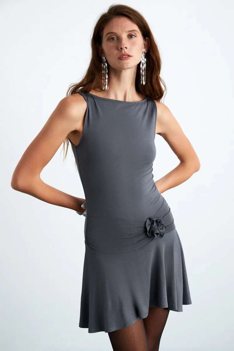 GRIMELANGE Rıccy Women Viscose Boat Neck Mini Gray Dress