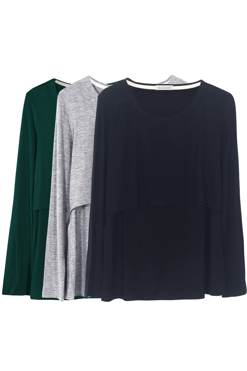 Smallshow Women's Nursing Tops Long Sleeve Shirts for Breastfeeding 3-Pack Small Black-Deep Green-Light Grey - Image 1