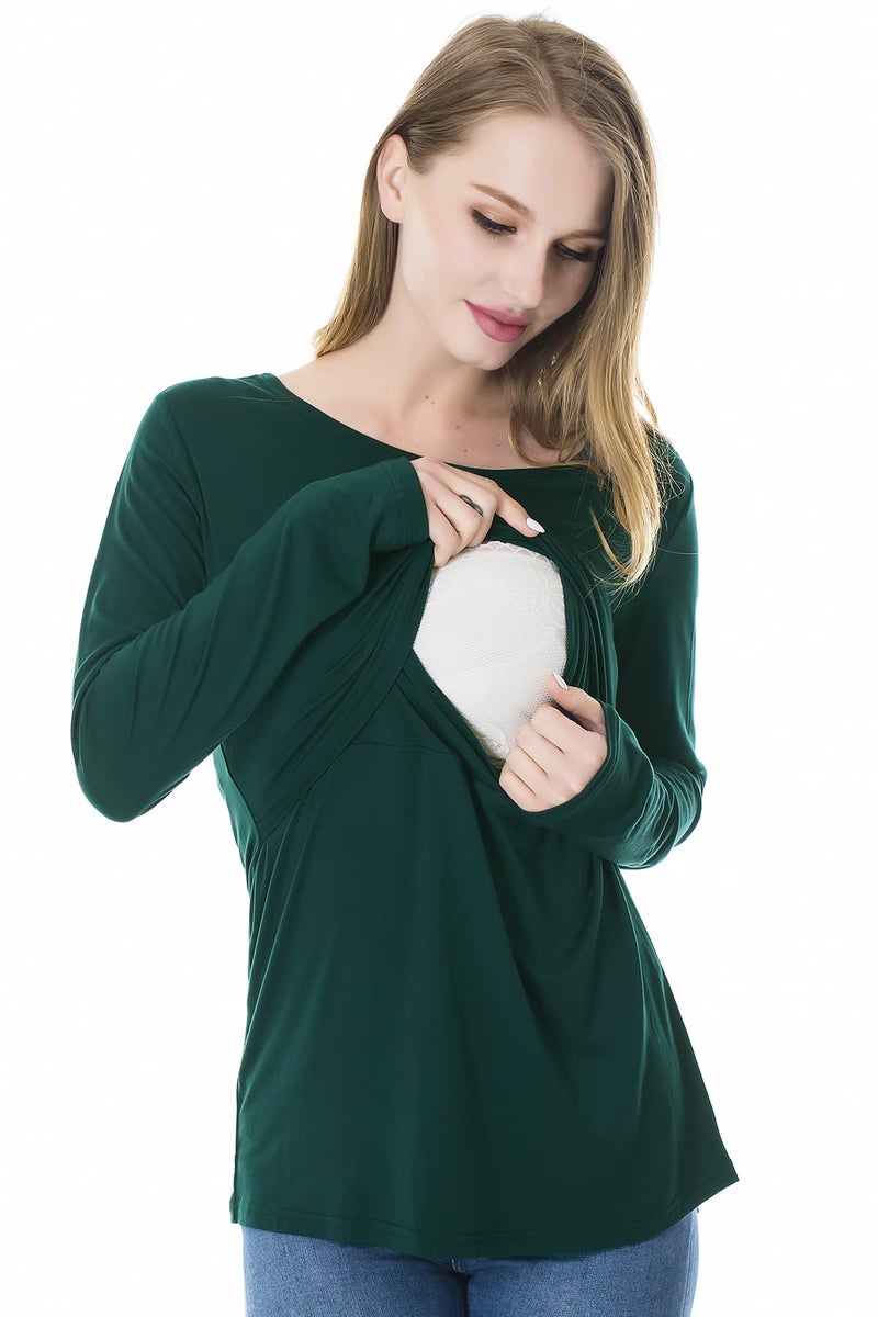 Smallshow Women's Nursing Tops Long Sleeve Shirts for Breastfeeding 3-Pack Small Black-Deep Green-Light Grey - Image 3