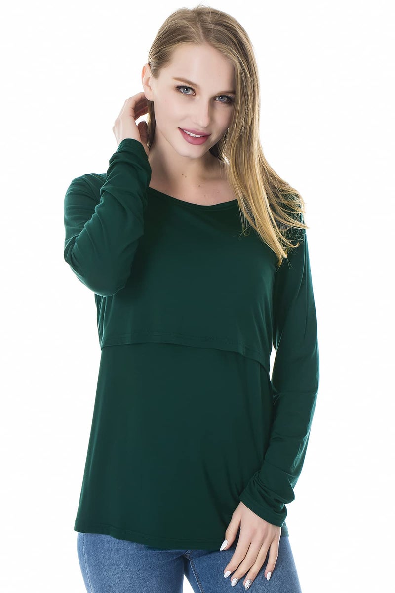 Smallshow Women's Nursing Tops Long Sleeve Shirts for Breastfeeding 3-Pack Small Black-Deep Green-Light Grey - Image 2