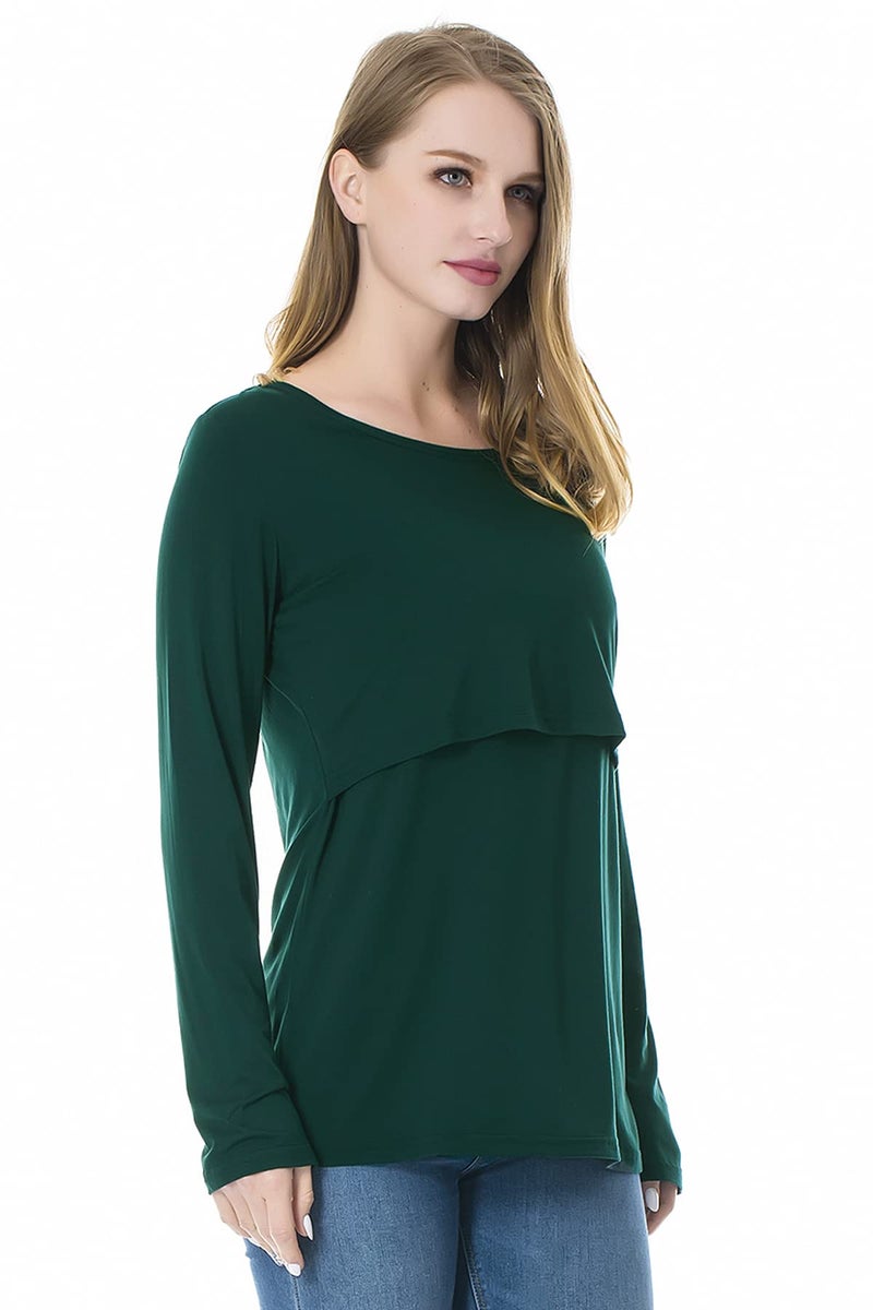 Smallshow Women's Nursing Tops Long Sleeve Shirts for Breastfeeding 3-Pack Small Black-Deep Green-Light Grey - Image 4