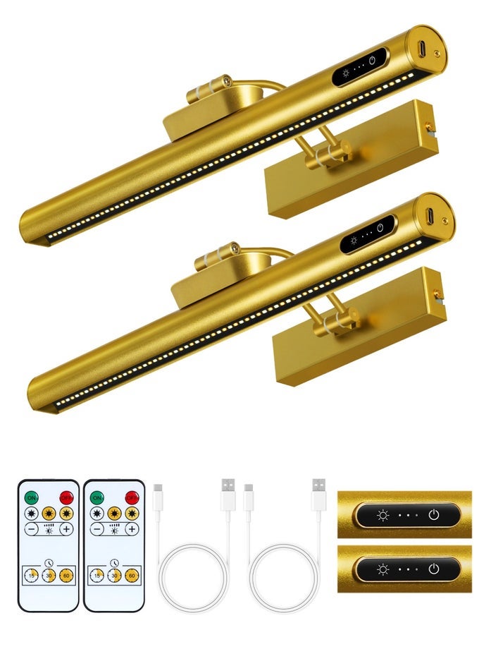 2PACK RECHARGEABLE PICTURE LIGHT WITH REMOTE & TOUCH, MAGNETIC BATTERY OPERATED ART LIGHT, 3-COLOR DIMMABLE, 4000MAH, TIMER, POWER INDICATOR, WIRELESS FOR WALL PAINTINGS, MIRRORS, GALLERY  GOLD