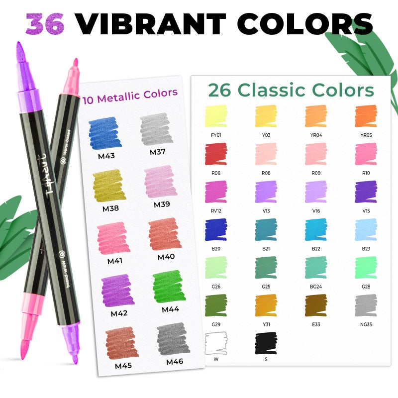 JusArt 36 Colors Acrylic Paint Markers Set with Canvas Bag, Dual Tips with Brush Tip & Fine Tip, No-Bleed, Waterproof, Non-Toxic & Odorless Paint Pens for Rock, Egg, Wood, Canvas, Glass, Ceramic, DIY - Image 2