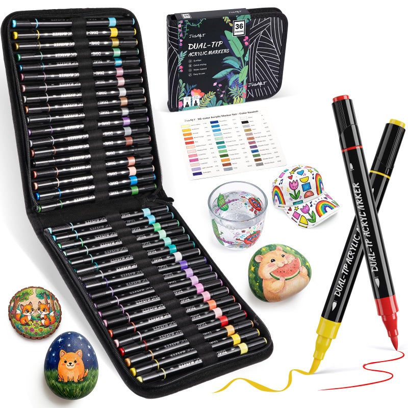 JusArt 36 Colors Acrylic Paint Markers Set with Canvas Bag, Dual Tips with Brush Tip & Fine Tip, No-Bleed, Waterproof, Non-Toxic & Odorless Paint Pens for Rock, Egg, Wood, Canvas, Glass, Ceramic, DIY - Image 1