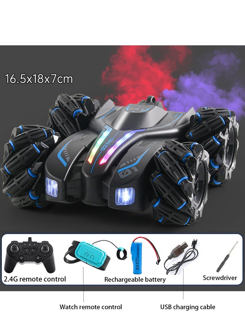 HaveDream Double sided stunt remote control car four-wheel drive double spray light music 2.4G four-wheel drive off-road gesture induction toy blue  - Image 2