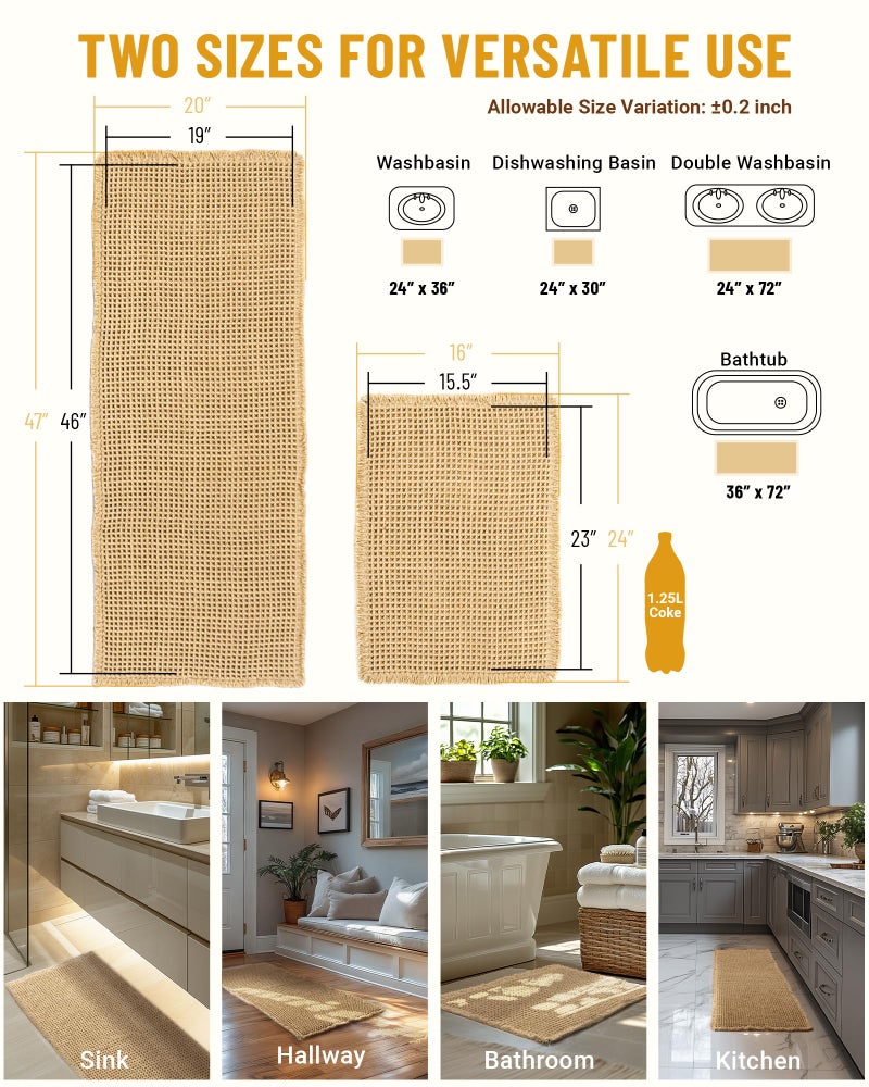 Furicher Large Waffle Bath Mat Set, Non Slip Bath Rug Set, Ultra Absorbent Bath Mats for Bathroom Decor, Extra Soft Floor Kitchen Rugs Sets 2 Piece, Washable Bath Runner Rug, Brown, 20"Ã—47" & 16"Ã—24" - Image 5