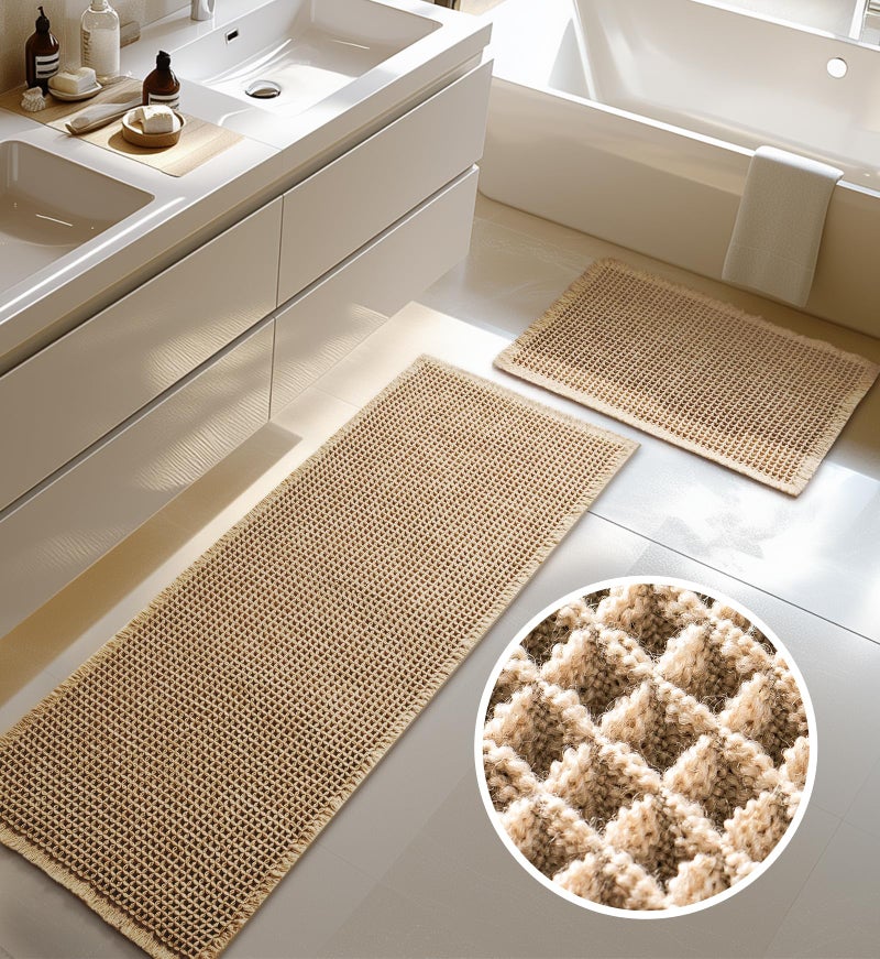 Furicher Large Waffle Bath Mat Set, Non Slip Bath Rug Set, Ultra Absorbent Bath Mats for Bathroom Decor, Extra Soft Floor Kitchen Rugs Sets 2 Piece, Washable Bath Runner Rug, Brown, 20"Ã—47" & 16"Ã—24" - Image 1
