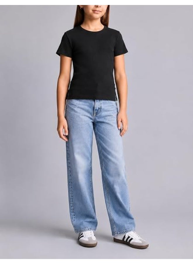 Nileton Girls’ Basic Tops - Ribbed Knit – Cotton Crew Neck T-Shirt – Regular Fit Short Sleeve Stretchy Fitted Casual Everyday Tee - Image 3