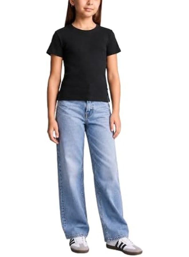 Nileton Girls’ Basic Tops - Ribbed Knit – Cotton Crew Neck T-Shirt – Regular Fit Short Sleeve Stretchy Fitted Casual Everyday Tee - Image 1