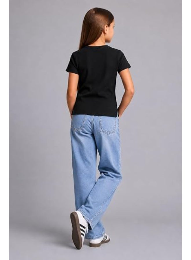 Nileton Girls’ Basic Tops - Ribbed Knit – Cotton Crew Neck T-Shirt – Regular Fit Short Sleeve Stretchy Fitted Casual Everyday Tee - Image 5