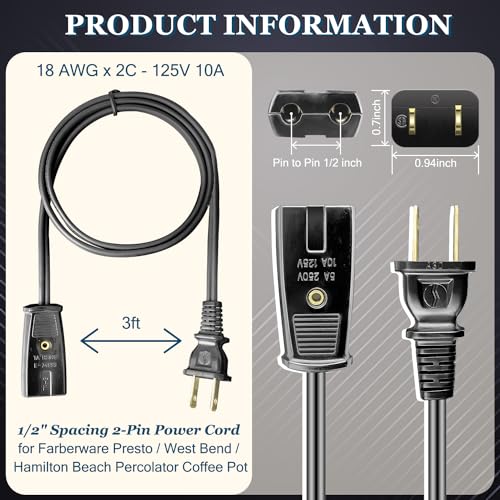 HASMX 2 Prong Percolator Power Cord 36" for Farberware 134, 138, 142 Coffee Pot Percolator Cord 1/2 Inch Wide, 2pin Cord Black 3ft Length (1-Pack) - Image 3