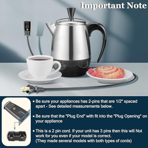 HASMX 2 Prong Percolator Power Cord 36" for Farberware 134, 138, 142 Coffee Pot Percolator Cord 1/2 Inch Wide, 2pin Cord Black 3ft Length (1-Pack) - Image 5