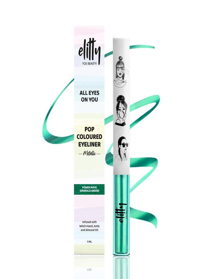 Elitty Power Move | Emerald Green Coloured Intense Waterproof Liquid Eyeliner (Metallic Finished) | Lasts Upto 12hrs | Smudge Proof, Witch Hazel Infused, Quick Drying - 1ml - Image 1