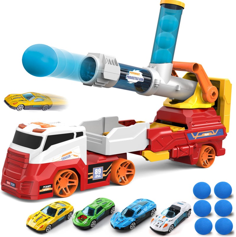 Dwi Dowellin Truck Toys for Kids 28 Large Car Toys Include 4 Racing Cars6 Ball with Light Sounds EejectionShooting Transport Cars Toy Gifts for Boys GirlsRED - Image 3