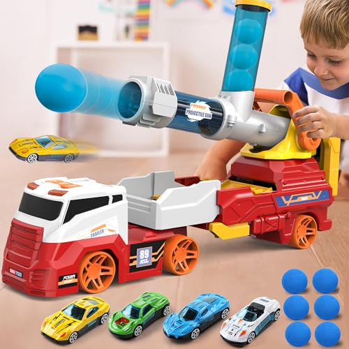 Dwi Dowellin Truck Toys for Kids 28 Large Car Toys Include 4 Racing Cars6 Ball with Light Sounds EejectionShooting Transport Cars Toy Gifts for Boys GirlsRED - Image 5