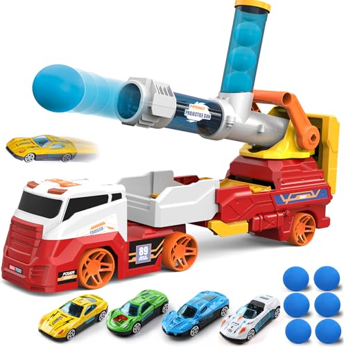 Dwi Dowellin Truck Toys for Kids 28 Large Car Toys Include 4 Racing Cars6 Ball with Light Sounds EejectionShooting Transport Cars Toy Gifts for Boys GirlsRED - Image 1