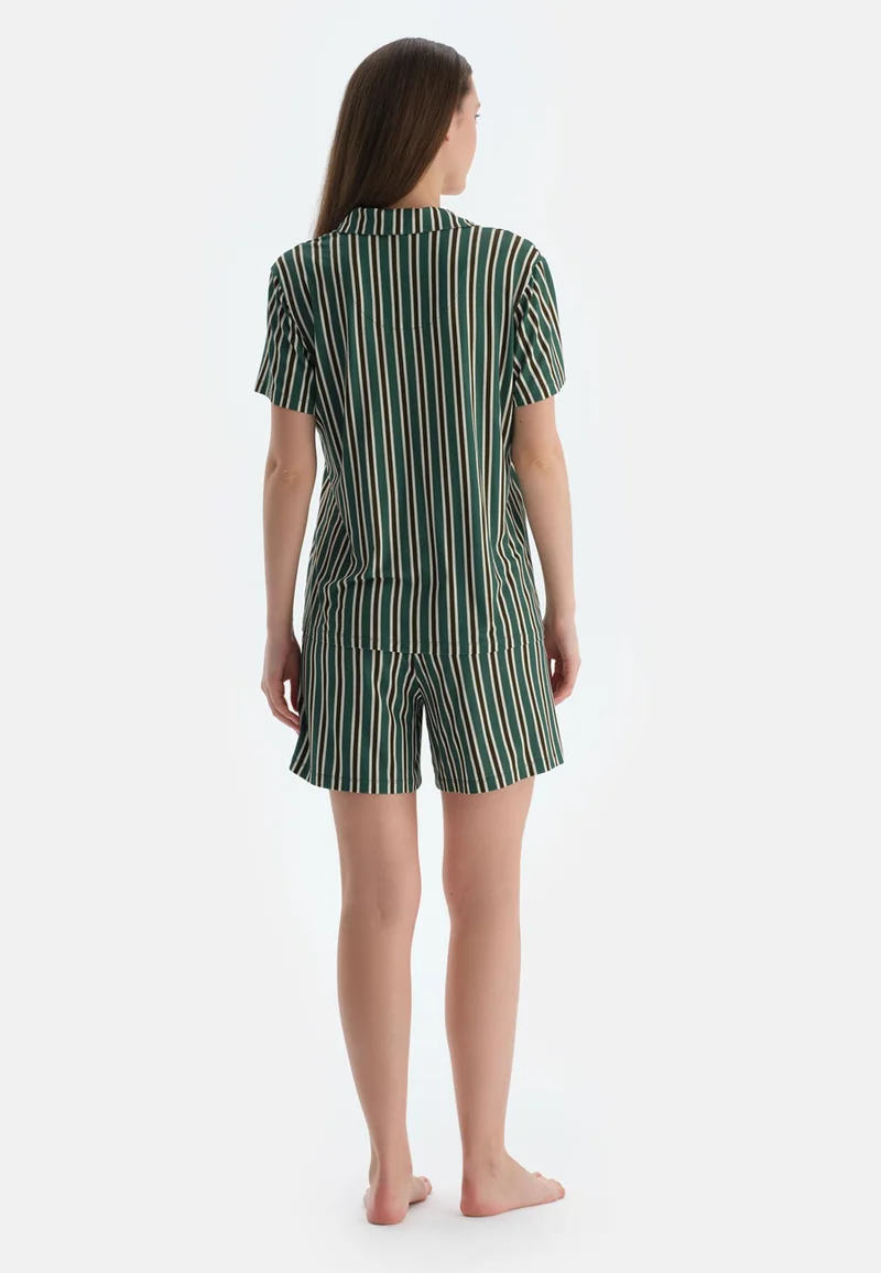 dagi Striped Mid Rise Green Spread Collar Viscose Blend Shirt & Shorts Nightwear Set