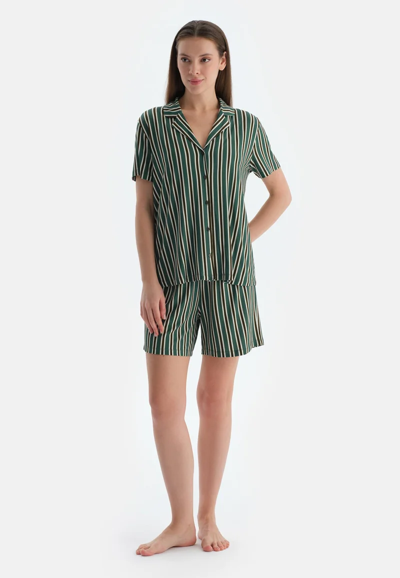 dagi Striped Mid Rise Green Spread Collar Viscose Blend Shirt & Shorts Nightwear Set