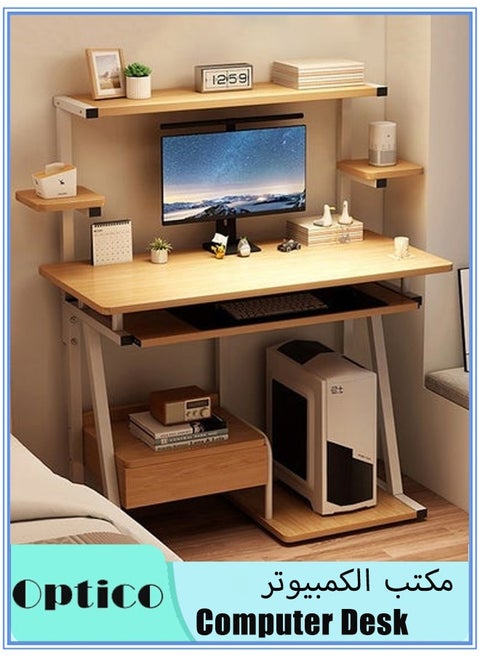 Computer Home Office Desk Multi Purpose Study Desk Table With Storage Shelf And Bookshelf Metal Legs Industrial Table With Upper Storage Shelves For Study Writing/Workstation