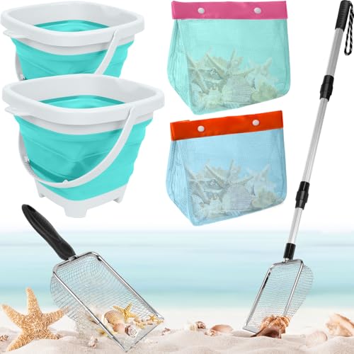 Fasouna 6 Pack Shelling Tools for Beach Include Seashell Bag Shark Tooth Sifter Shovel Sand ScoopCollapsible Beach Bucket Shell Scooper with Extra Long Adjustable Handle Beach Game Toys - Image 1