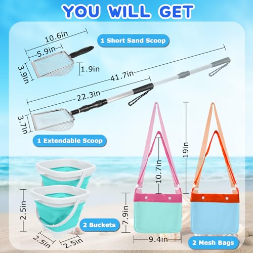 Fasouna 6 Pack Shelling Tools for Beach Include Seashell Bag Shark Tooth Sifter Shovel Sand ScoopCollapsible Beach Bucket Shell Scooper with Extra Long Adjustable Handle Beach Game Toys - Image 5
