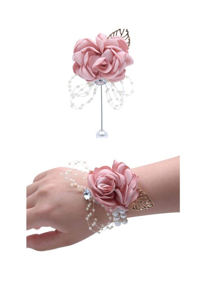 Flonding Rose Wedding Wrist Corsage and Boutonniere Set Party Prom Hand Ribbon Flower Suit Decor (Champagne Pink) - Image 1