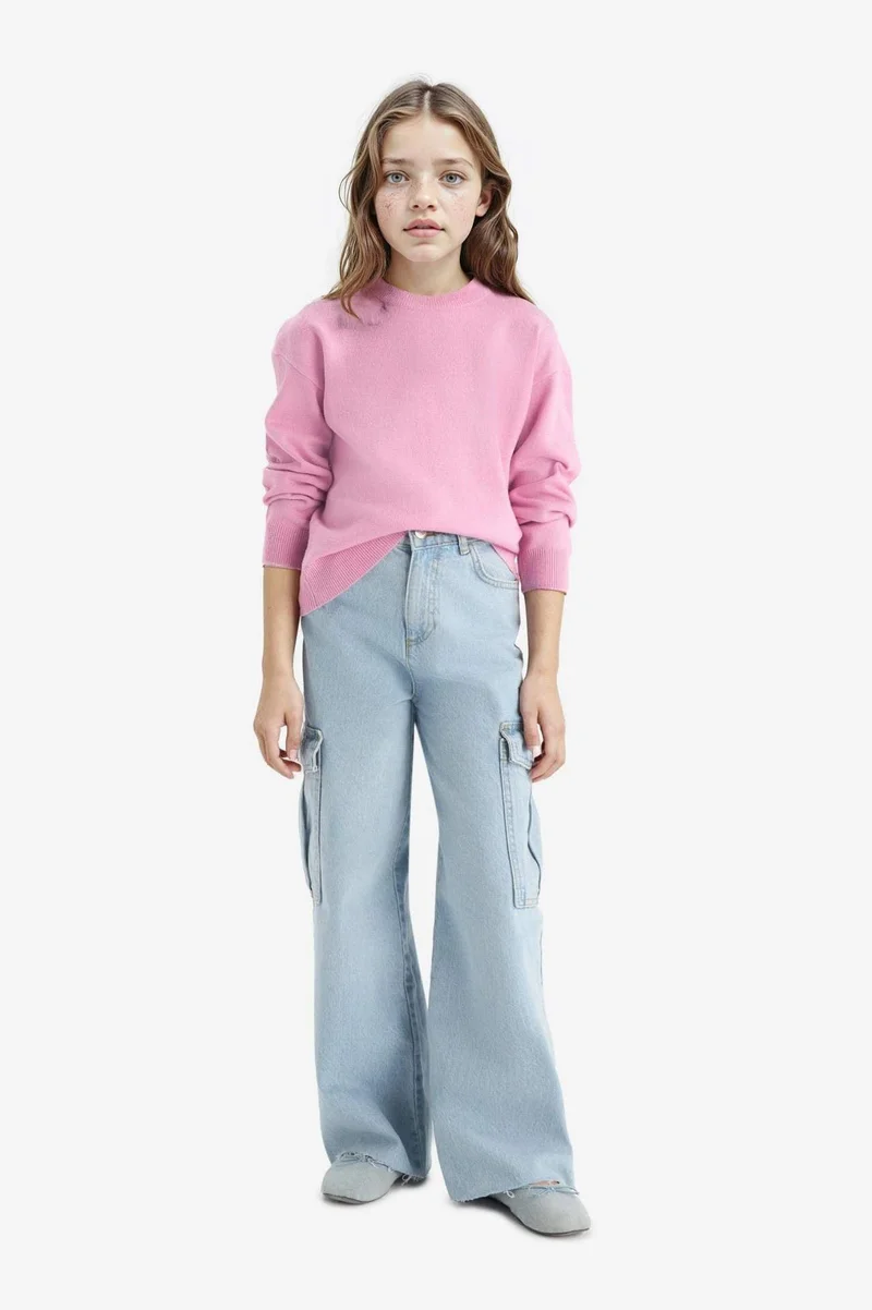 ديفاكتو Girl Standard Fit Crew Neck Knit Pullover