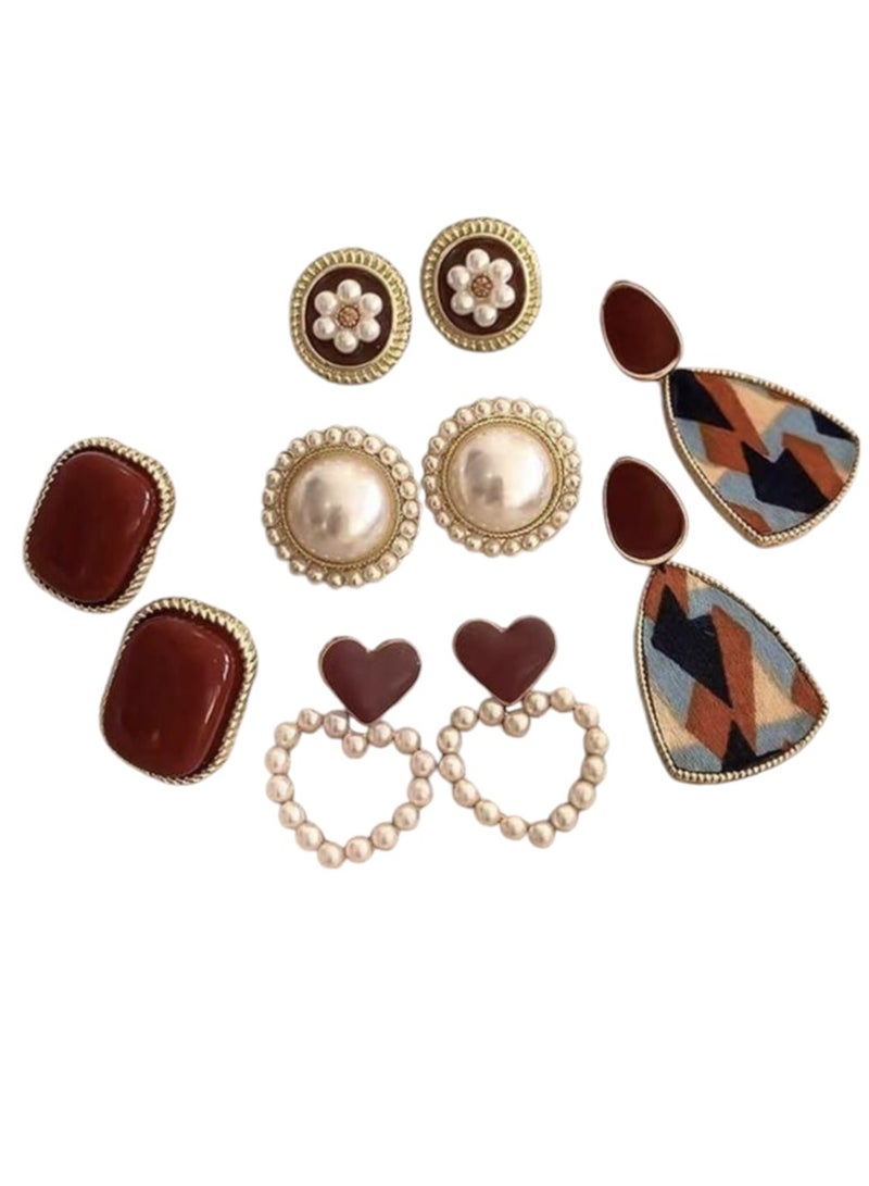 يوكا  طقم أقراط متميزة من 10  قطع بسيطة وعتيقة بشكل زهرة لؤلؤية، مجوفة على شكل قلب من لونين، فاخرة وفريدة من نوعها - Image 1