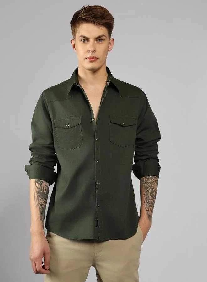 دينيس لينغو Relaxed Fit Kombu Green Cotton Shirt – Trendy and Comfortable