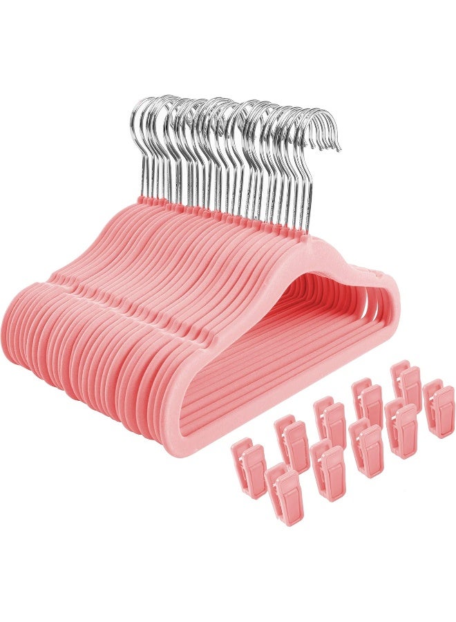 Finnhomy Non-Slip Clothes Hangers for Baby and Kids 30-Pack Velvet Hangers with 10 Finger Clips, Light Pink - Image 1
