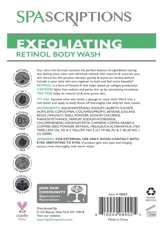 Spascriptions Exfoliating Retinol Shower Scrub with Caffeine & Tea Tree (33 fl oz), Refreshing Body Scrub Exfoliates and Brightens Skin, Nourishing Body Care for Women and Men, Cruelty Free - Image 4