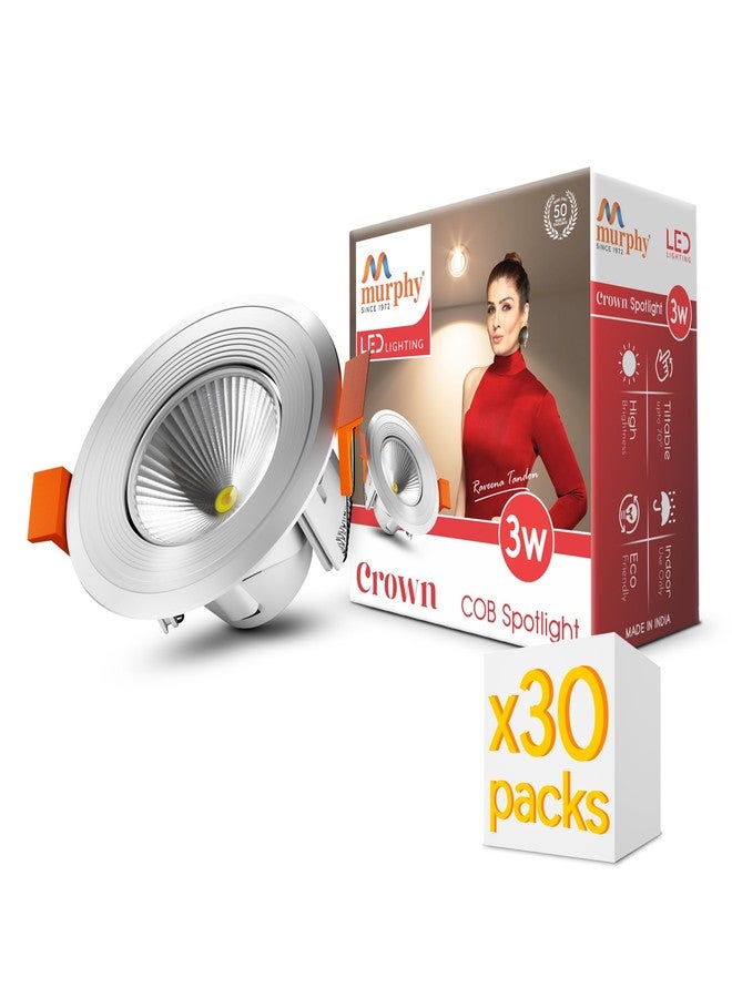 مورفي مصباح مورفي كراون LED دائري ثلاثي الواط مع ضمان لمدة عامين | إضاءة سقفية مخفية وتركيبات علب التوصيل | أبيض بارد | معتمد من BIS | خالٍ من الوميض | عبوة من 30 قطعة - Image 1