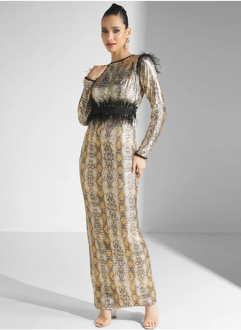 Golden Apple Sequin Detail Belted Dress